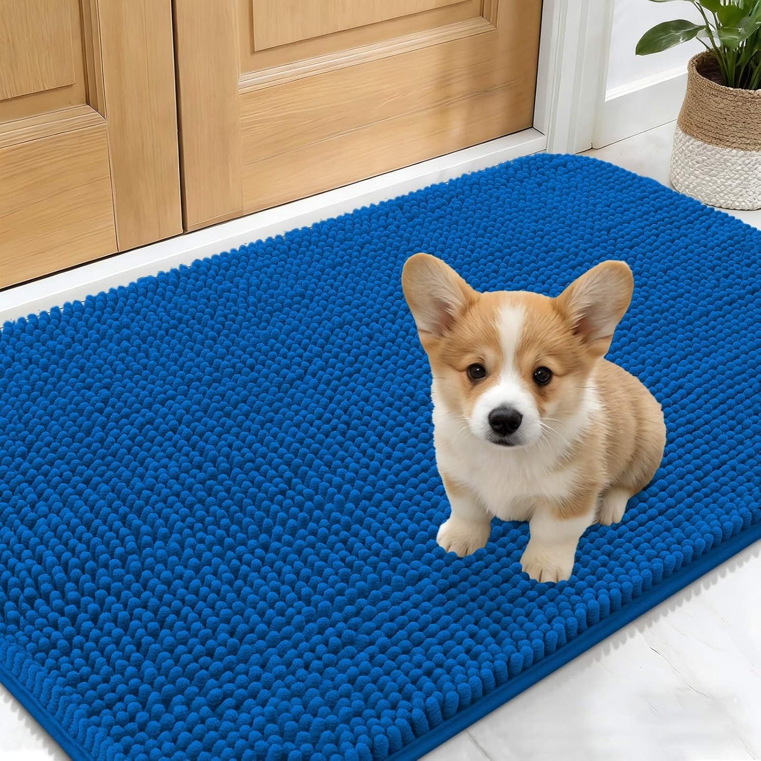 OLANLY Dog Door Mat - Absorbent Non-Slip Mud Mat for Indoor Use | Quick Dry Chenille, 24x16, Deep Navy Blue