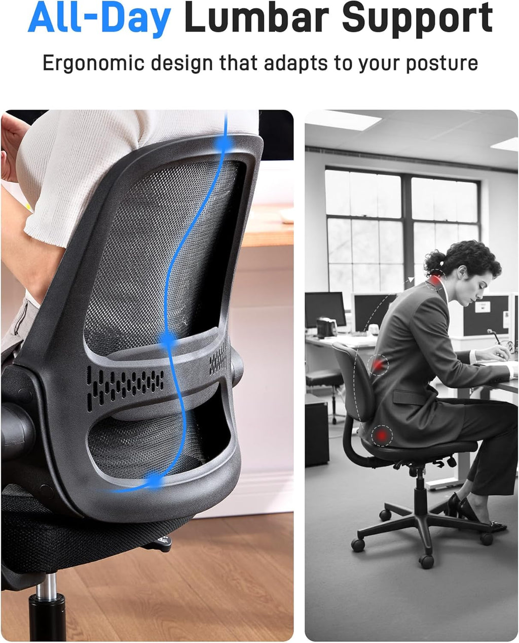 Skiennix Ergonomic Mesh Office Chair - Breathable Back, Flip-Up Arms & Thick Cushion | Supports 300 lbs (Black)