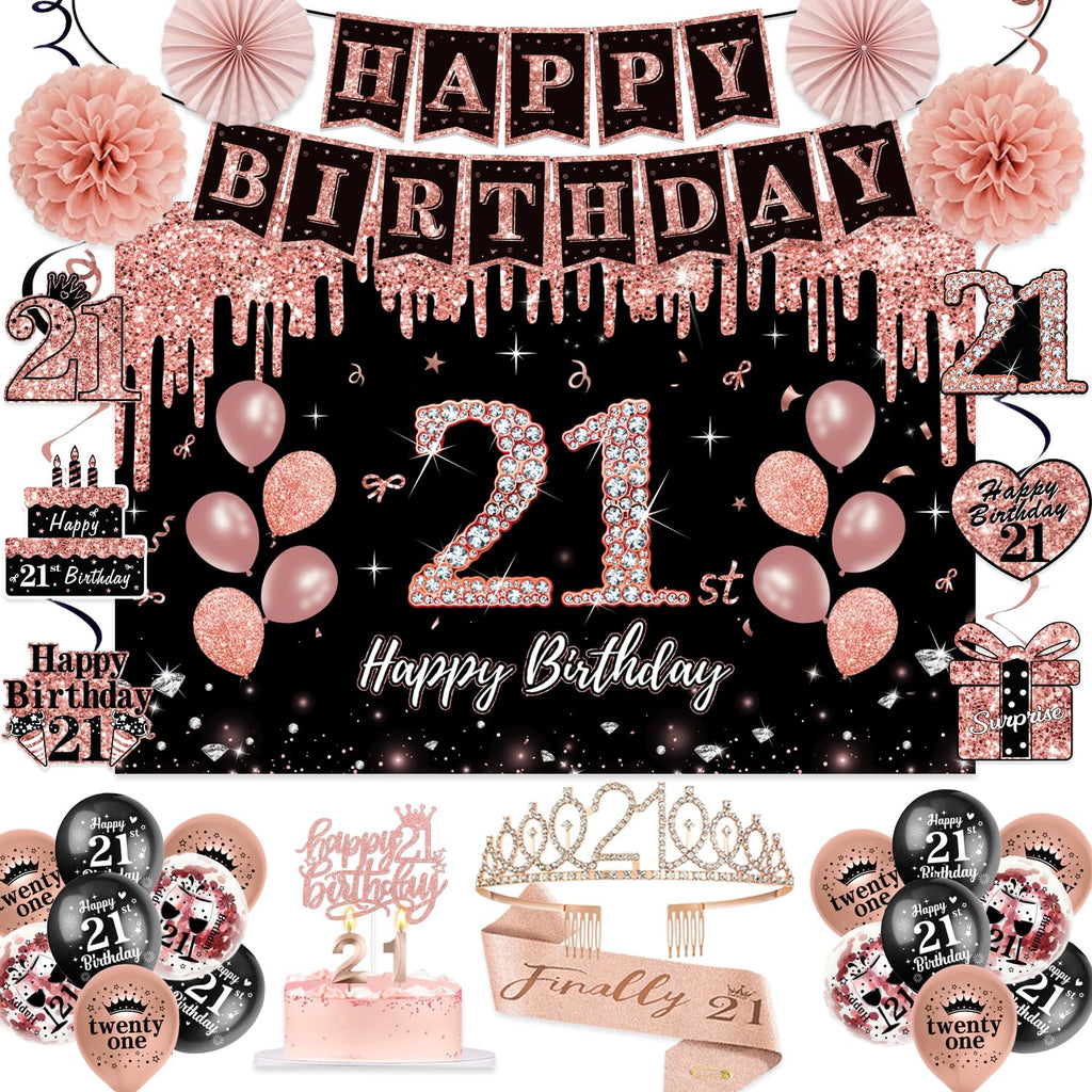 21st Birthday Decorations for Her,50Pcs PRE-STRUNG Rose Gold Black Party Set-21 Years Old Crown and Sash,Banner,Hanging Swirl,Backdrop Decor,CakeTopper,Age Candle, Balloons,Paper Fans,PRE-ASSEMBLED