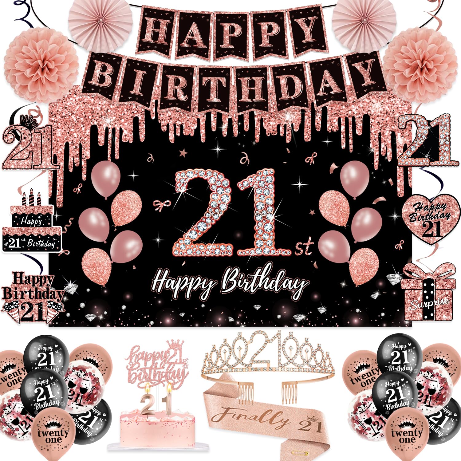 21st Birthday Decorations for Her,50Pcs PRE-STRUNG Rose Gold Black Party Set-21 Years Old Crown and Sash,Banner,Hanging Swirl,Backdrop Decor,CakeTopper,Age Candle, Balloons,Paper Fans,PRE-ASSEMBLED