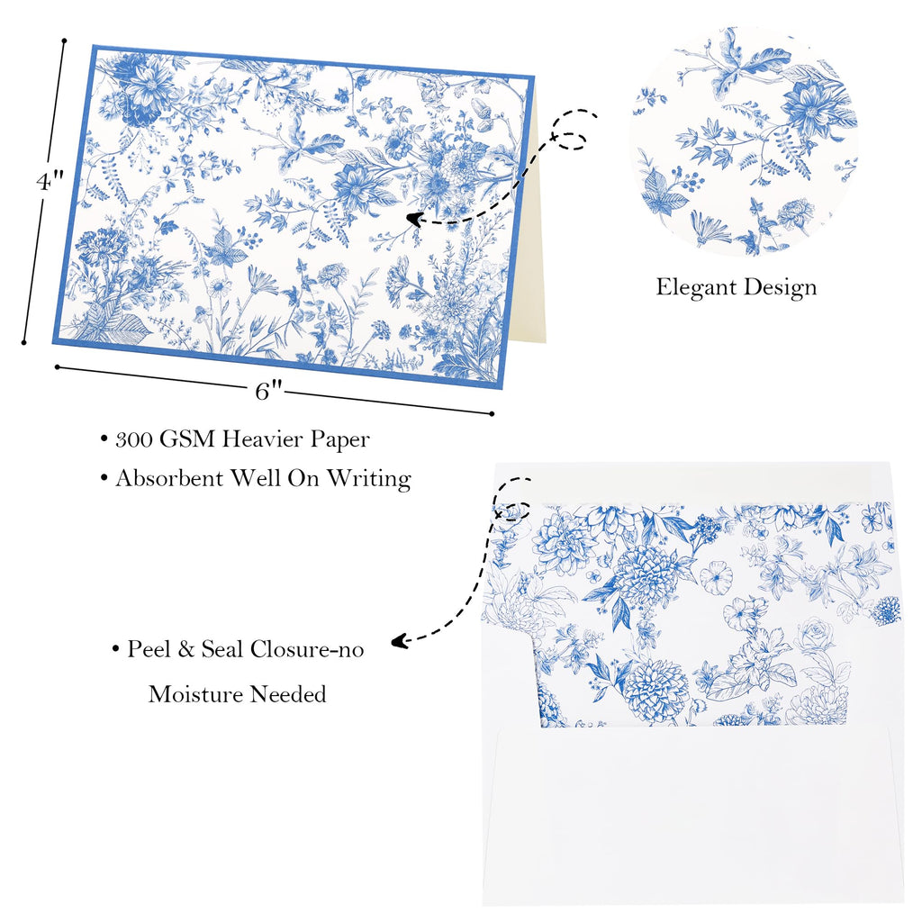 Crisky 50 Pack Blue Floral Blank Note Cards with Envelopes & Stickers, Gold Foil Bridal Shower Thank You Cards Greeting Bulk for Birthday, Baby Shower, Wedding, Graduation