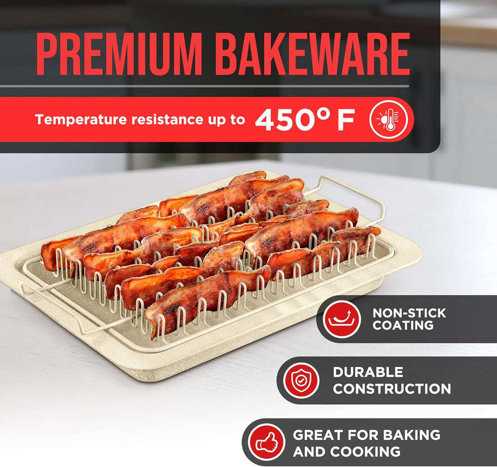 Skiennix Bacon Tray Set - Durable Non-Stick Cooking Tray with Marble Coating | 2-Piece White Stone & Carbon Steel