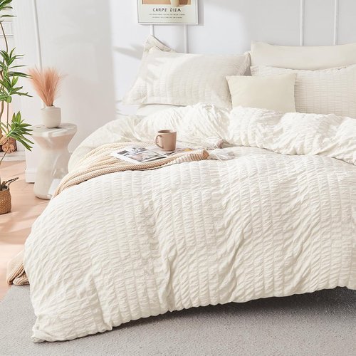 HYMOKEGE Ivory Queen Comforter Set - 7-Piece All-Season Luxury Bedding Set with Sheets & Pillowcases