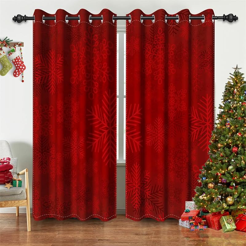 Red Christmas Window Curtains 42 x 63 in 2 Panels Thermal Blackout 80-90% Light Blocking