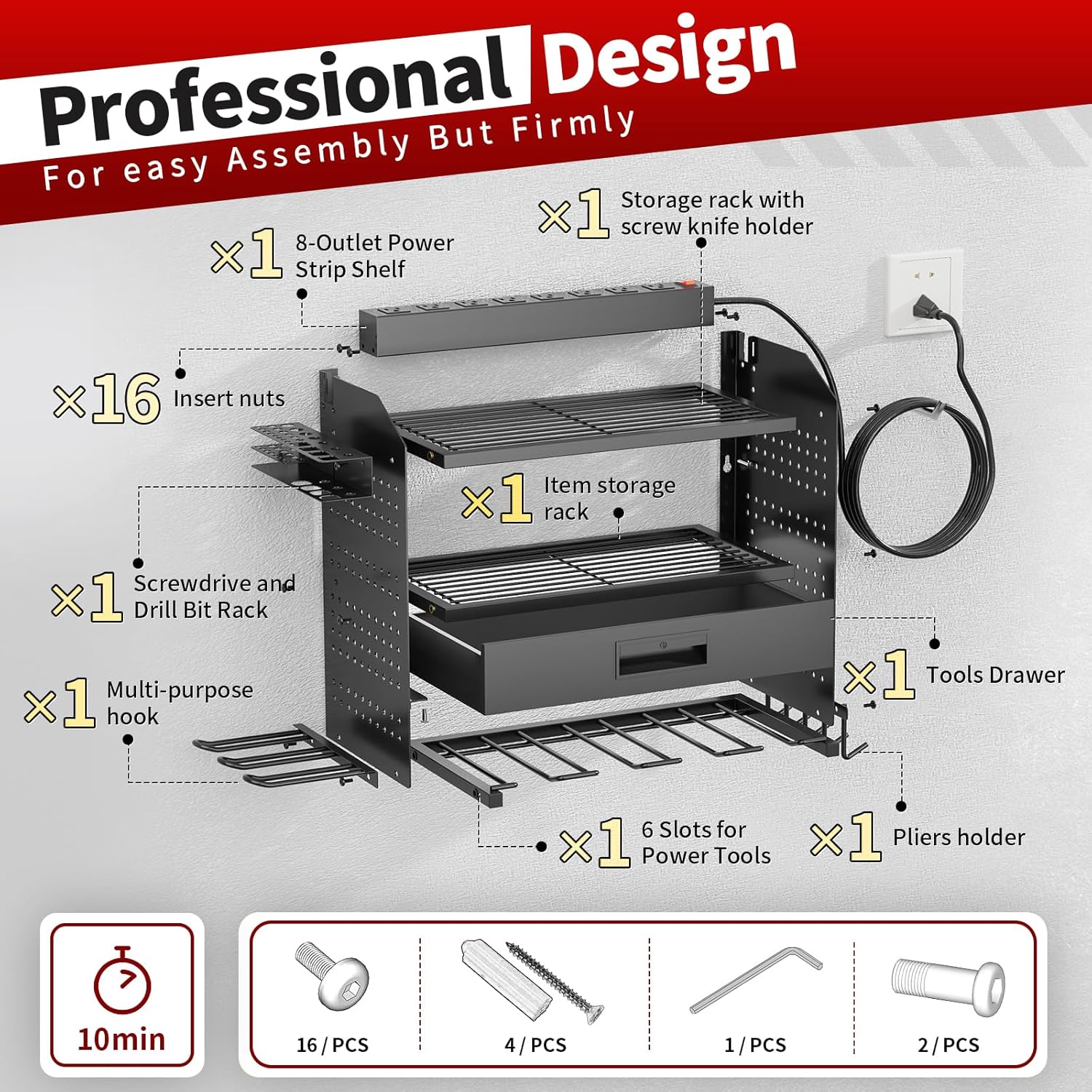 Power Tool Organizer - Heavy Duty Wall Mount Storage Rack | 130 lbs Capacity, 4 Layers, 6 Drill Holders