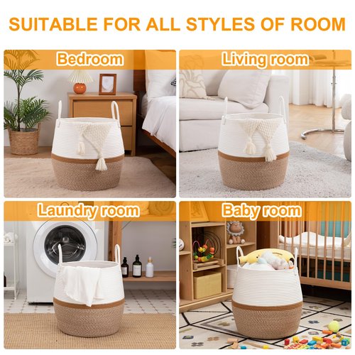 OIAHOMY 60L Blanket Basket with Handle, Storage Basket for Living Room, Laundry Hamper for Clothes, Towels, Pillows, Toy Storage for Kids and Dogs, Baby Hamper for Nursery - Brown & White