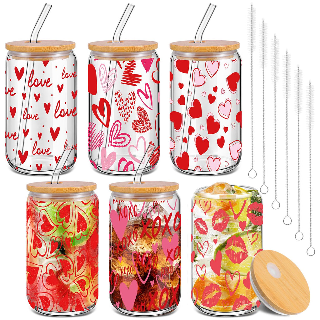 Qinyoung 6 Pcs Valentine's Day Glass Cups with Bamboo Lids and Glass Straws, 16 oz Red Heart Drinking Glasses Set, Reusable Love Iced Coffee Glasses for Galentine's Party Romantic Gifts (Valentines)