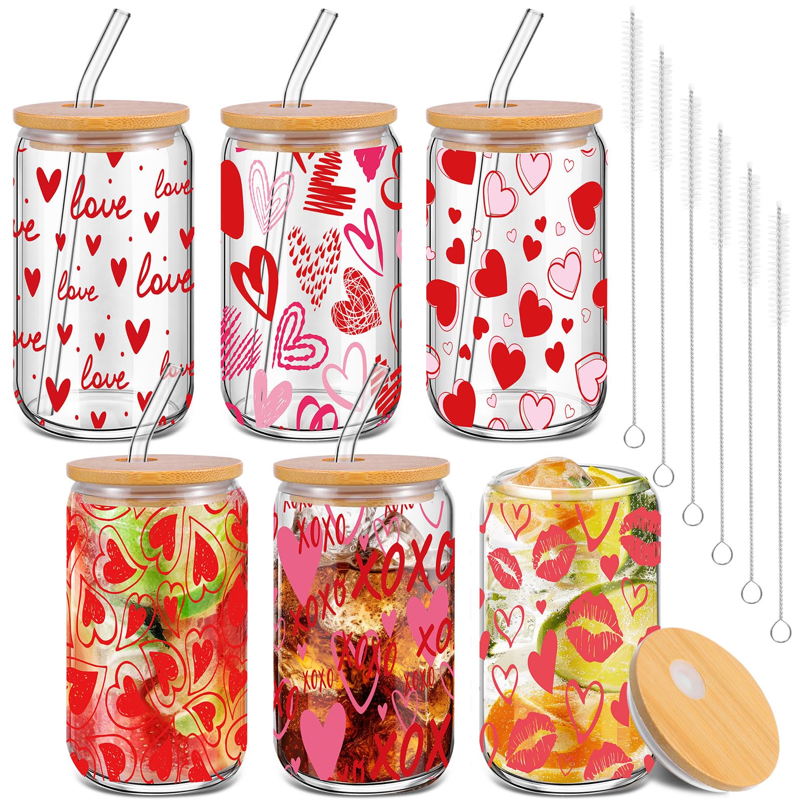 Qinyoung 6 Pcs Valentine's Day Glass Cups with Bamboo Lids and Glass Straws, 16 oz Red Heart Drinking Glasses Set, Reusable Love Iced Coffee Glasses for Galentine's Party Romantic Gifts (Valentines)