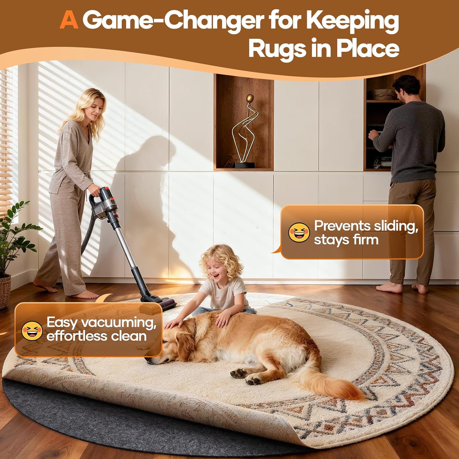 Veken Non-Slip Rug Pad - Cushioned Felt & Silicone Backing | 5 Ft Round, 1/8" Thick for Hardwood Floors
