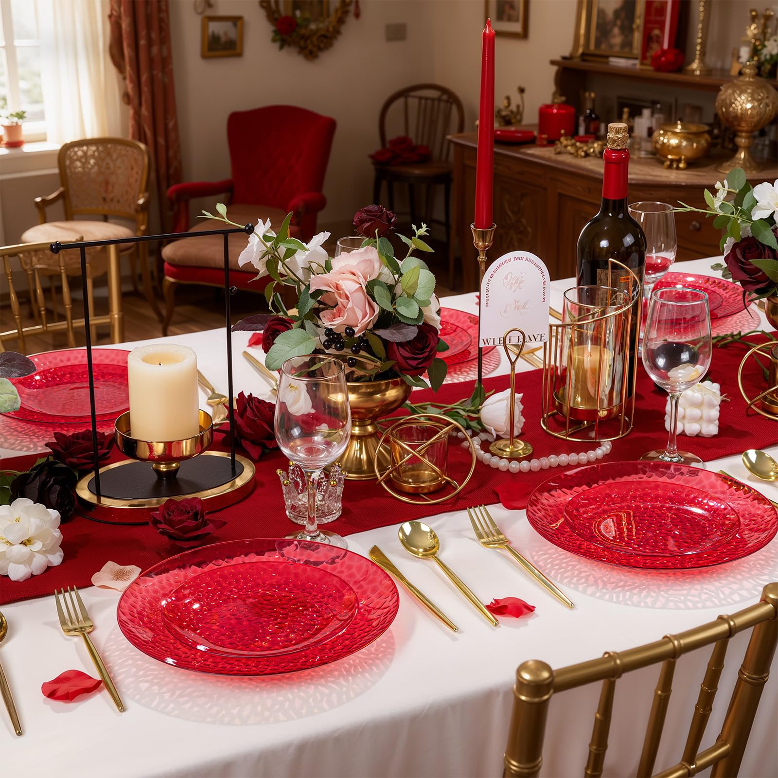 Rubtlamp 60Pcs Red Plastic Plates, Heavy Duty Clear Red Disposable Plates, Fancy Hammered Plastic plates Include 30 Dessert Platos, 30 Dinner Platos for Party Mother's Day