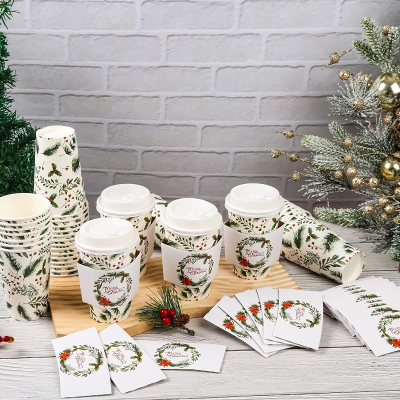 12oz Christmas Holly Berry Disposable Coffee Cups with Lids & Sleeves