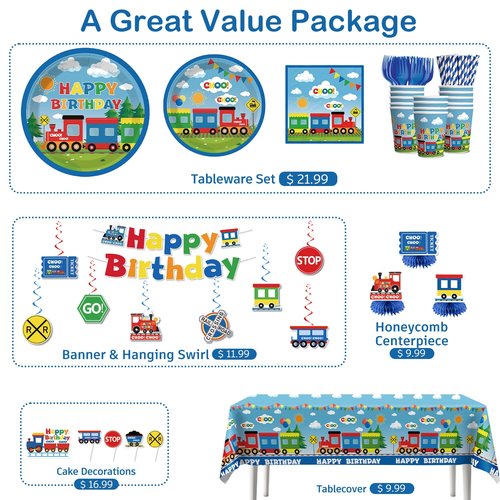 201 Pcs Train Birthday Decorations Train Plates and Napkins Birthday Party Supplies Banner Hanging Swirls Honeycomb Centerpieces Train Table Toppers Train Themed Party Decorations for Birthday