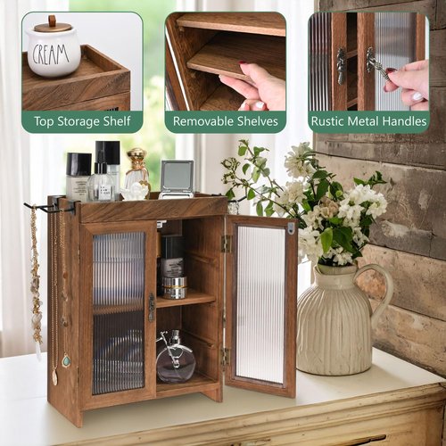 Ikee Design Wooden Countertop Storage Cabinet with Wavy Magnetic Door, Adjustable Shelves, Removable Hooks. Perfect for Perfume, Figurines, and Coffee Cups, Brown Color, 10.4 W x 6.1 D x 14.4 H in