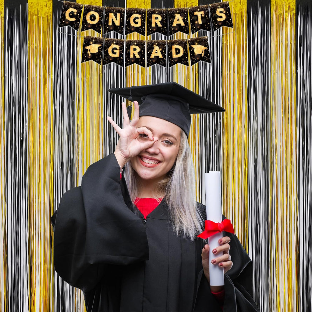 Melsan Graduation Decorations 2026 - Foil Fringe Curtains | 3 Pack Black Tinsel Backdrop 3.2 x 8.2 ft