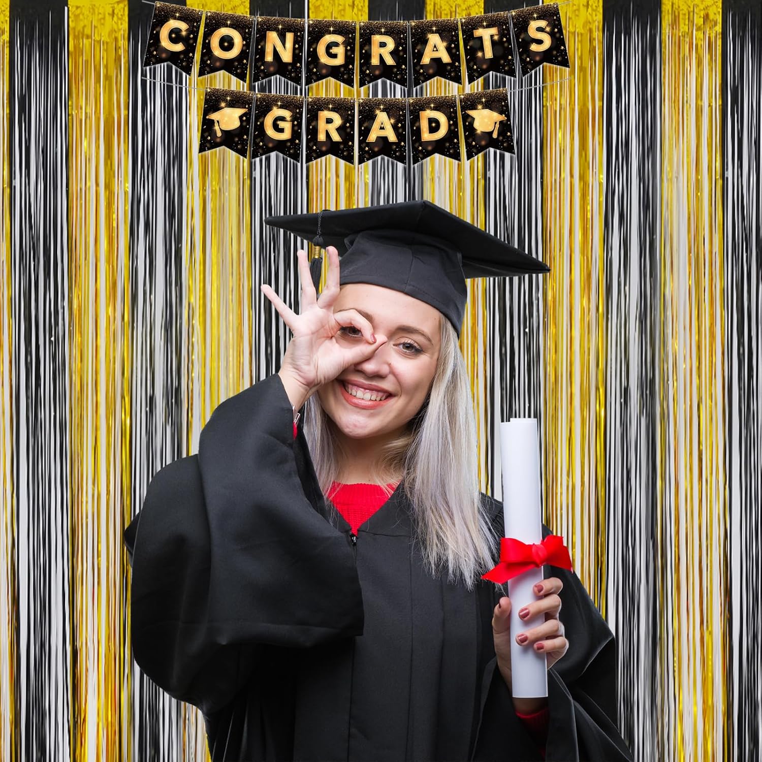 Melsan Graduation Decorations 2026 - Foil Fringe Curtains | 3 Pack Black Tinsel Backdrop 3.2 x 8.2 ft
