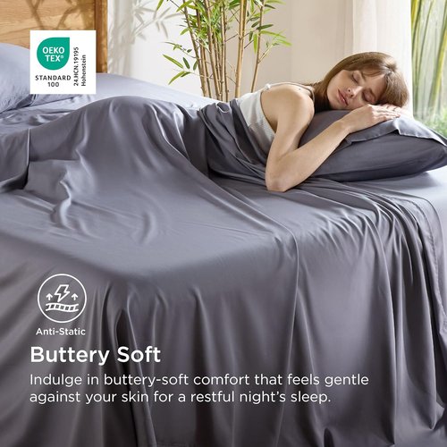 Bedsure King Size Cooling Sheets Set - Breathable Rayon from Bamboo, Soft & Luxurious Dark Grey