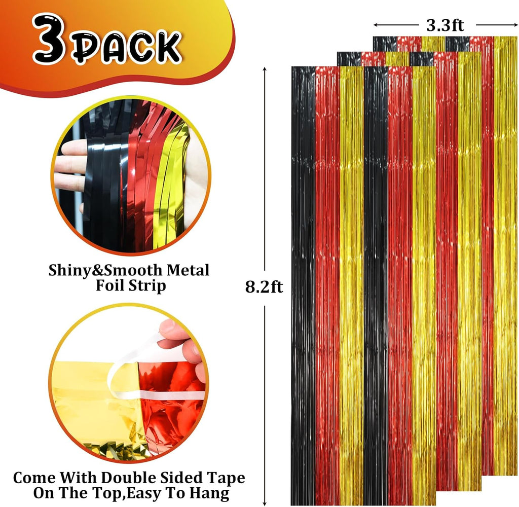 Voircoloria Red Black Gold Foil Fringe Backdrop Curtains - 3 Pack Tinsel Streamers for Parties | 3.3 x 8.2 ft