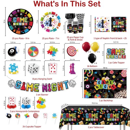 205Pcs Game Night Decorations Tableware, with Cake Toppers, 25 Serves Disposable Tableware Set, with Banner, Plates, Napkins, and Cups, Tablecloth for Family Game Night Party Decorations