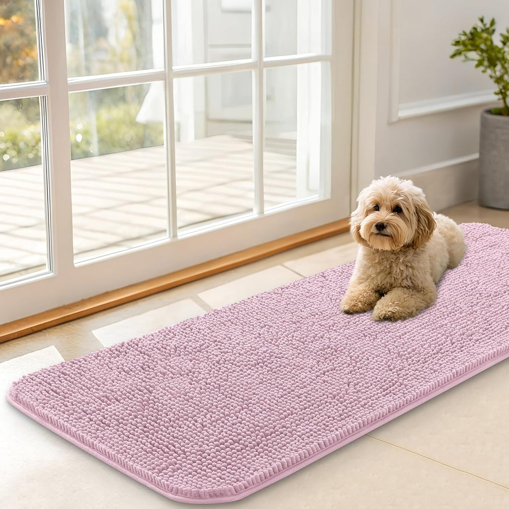 OLANLY Dog Door Mat - Absorbent Non-Slip Washable Chenille Mat for Muddy Paws | 47x17, Dusty Rose