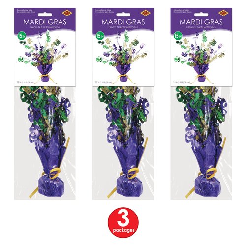 Beistle Mardi Gras Gleam 'N Burst Centerpieces, 3-Piece Metallic Table Decorations in Green, Purple, and Gold with Comedy Tragedy Icons for New Orleans Parties and Celebrations, 15”
