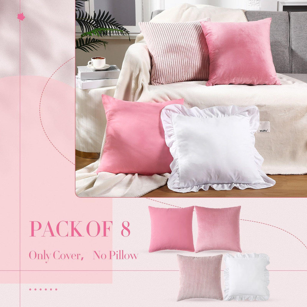 Yuntau Pink 8 Pcs Picnic Pillow Covers Only 18x18 Inch Boho Aesthetic Throw Cushion Cases Luxury Picnic for Summer Birthday Bachelorette Tea Party Brunch Beach Backyard Bed Sofa Decor