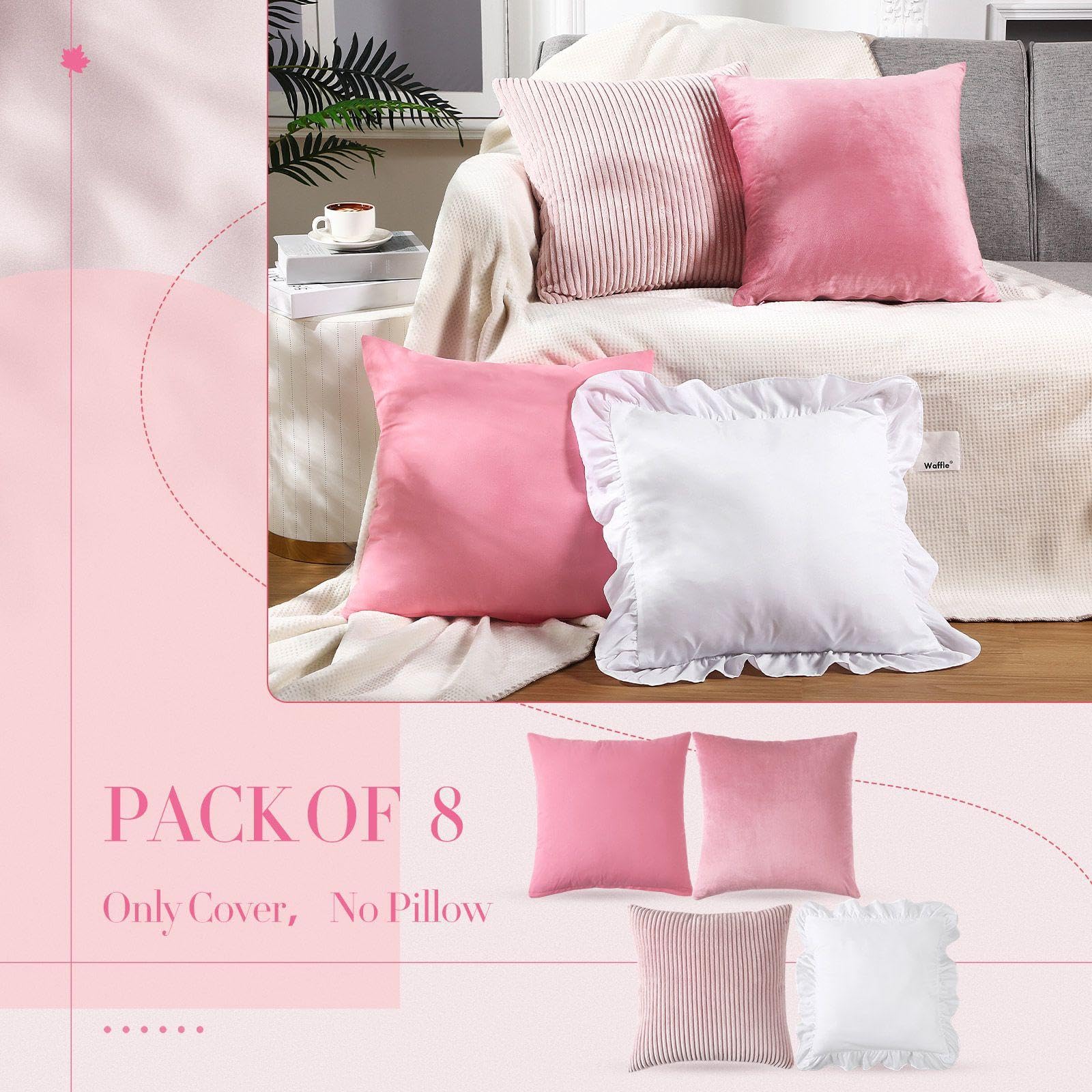Yuntau Pink 8 Pcs Picnic Pillow Covers Only 18x18 Inch Boho Aesthetic Throw Cushion Cases Luxury Picnic for Summer Birthday Bachelorette Tea Party Brunch Beach Backyard Bed Sofa Decor