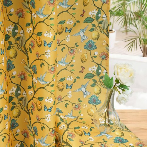 Fammio Floral Bird Shower Curtain, Boho Yellow Shower Curtain 72x72, Hummingbird Jungle Victorian Farmhouse Botanical Shower Curtain for Bathroom, Chic French Country Style