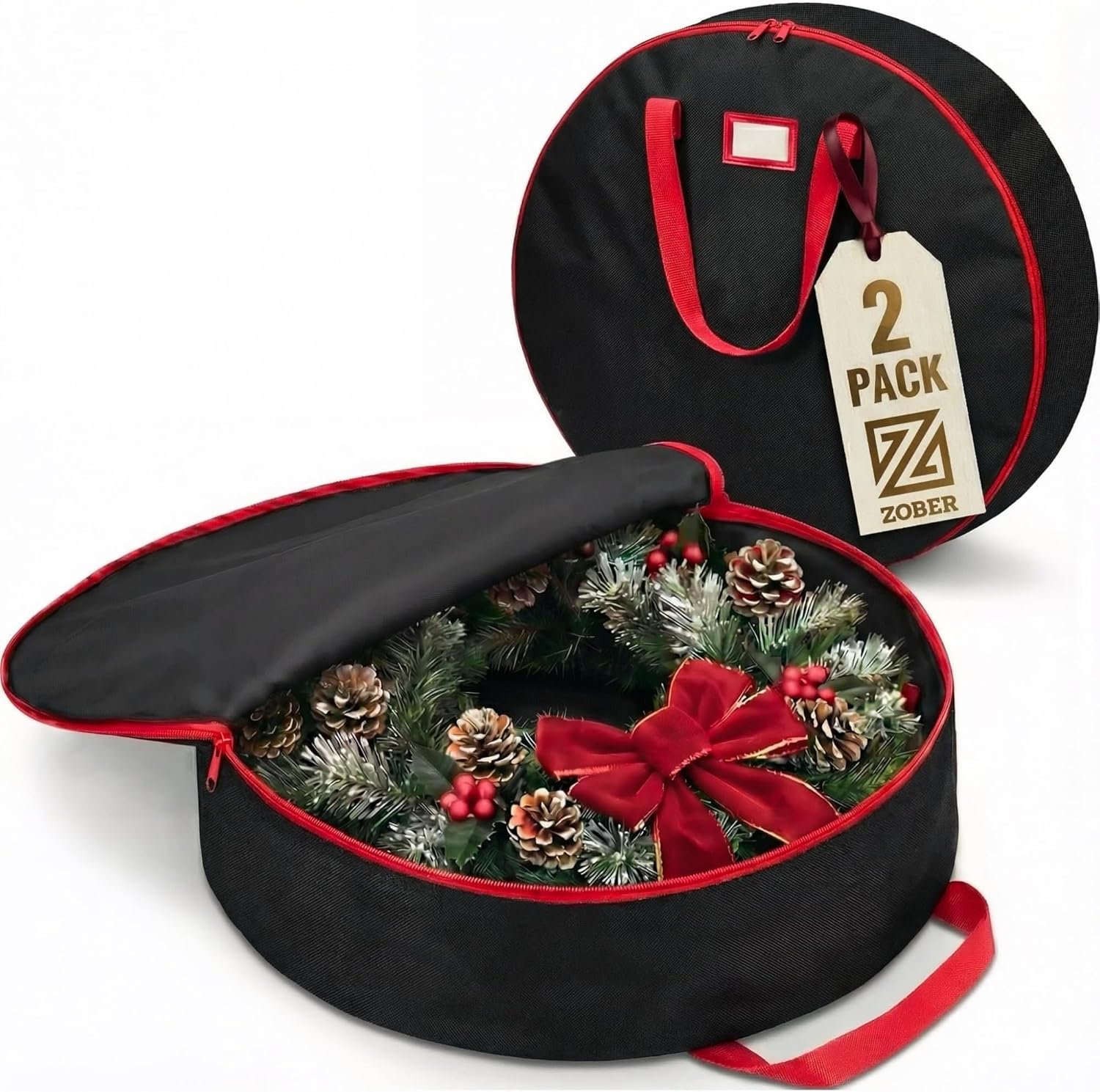 ZOBER Christmas Wreath Storage Container - 36 Inch Waterproof Oxford Bag with Dual Zippers & Durable Handles - Black