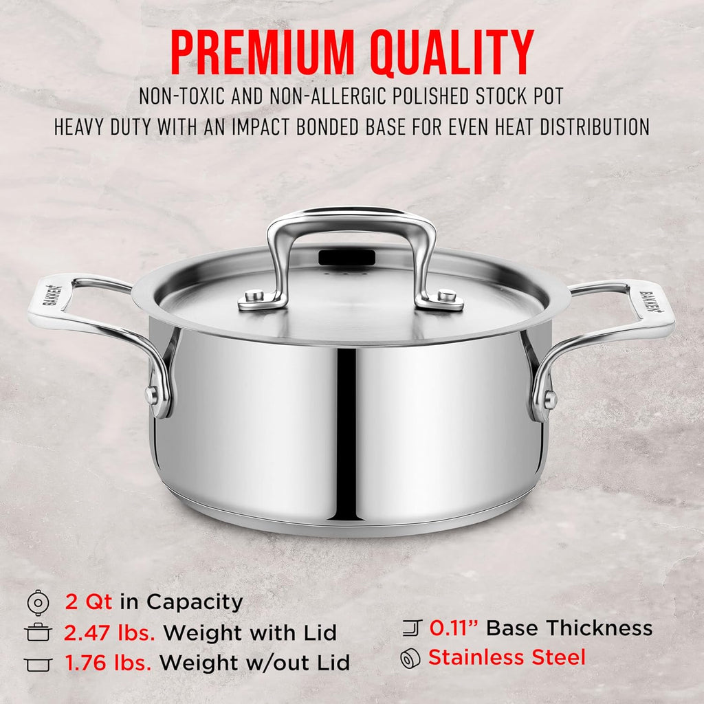 Stainless Steel Stockpot by [Brand Name] - 2 Quart Durable Cookware with Impact-Bonded Base & Riveted Handles