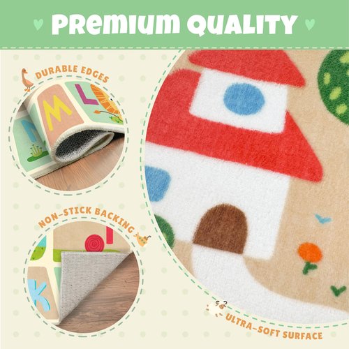 Washable Kids Playroom Rug – 5x7 Play Rug for Preschool Toddlers, Baby Girls, Educational with Cute Animals – Non-Slip, Stain Resistant, Soft & Safe for Bedroom, Play Room and Classroom - Blue