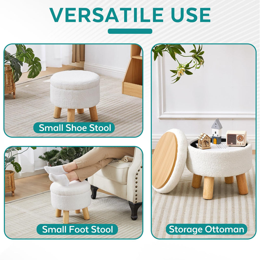 FIMIVIBI Small Ottoman with Storage, Small Storage Ottoman Round, Sherpa Foot Stool with Legs, Ottomans and Footstools for Living Room and Entryway (White)