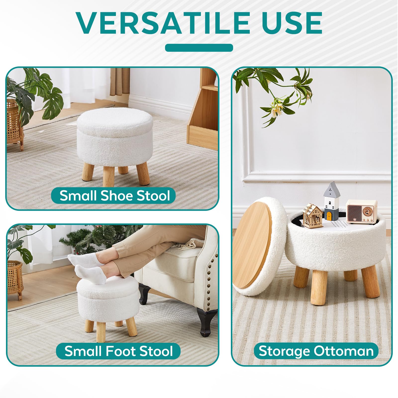 FIMIVIBI Small Ottoman with Storage, Small Storage Ottoman Round, Sherpa Foot Stool with Legs, Ottomans and Footstools for Living Room and Entryway (White)