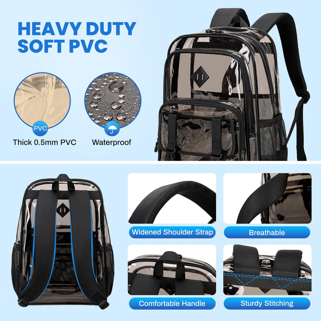 QIXIHU Large Clear Backpacks for School Heavy Duty Transparent Backpack for Stadium Event See through Bookbag for Kids Adult Thick PVC Back Pack, Semi-Black