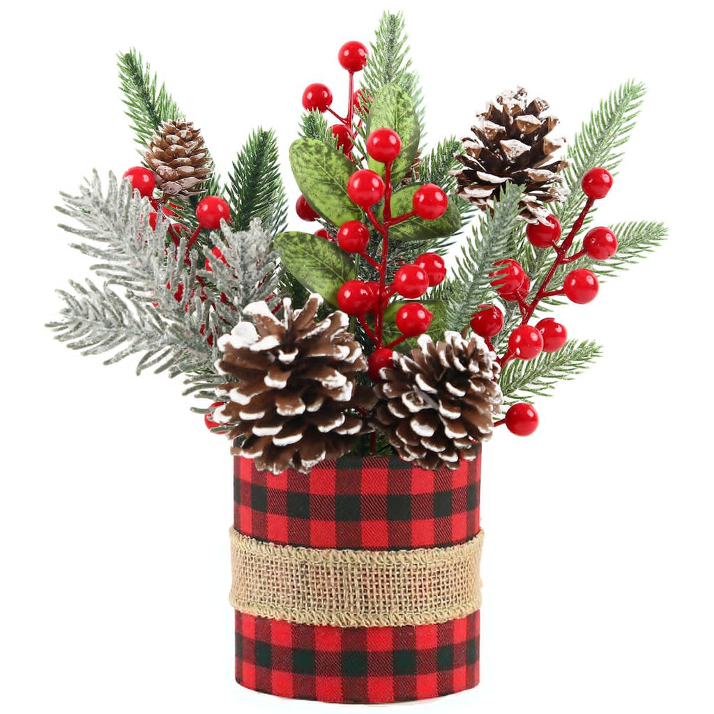 Small Tabletop Christmas Tree, Artificial Mini Christmas Tree Decorations with Pine Cones Red Berries and Green Plants, Suitable for Christmas Decorations Indoor Tables in Households