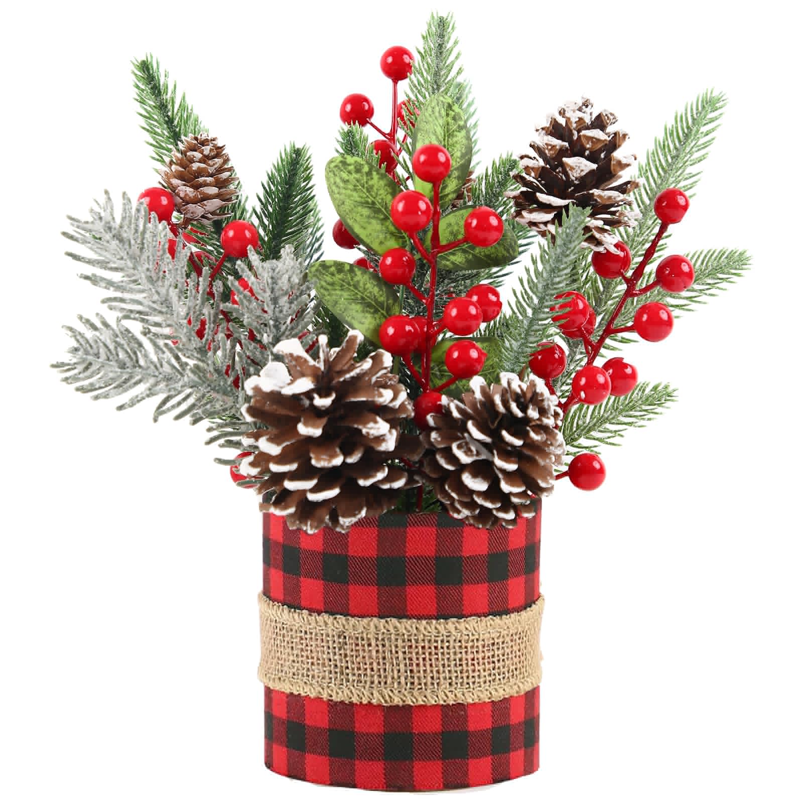 Small Tabletop Christmas Tree, Artificial Mini Christmas Tree Decorations with Pine Cones Red Berries and Green Plants, Suitable for Christmas Decorations Indoor Tables in Households