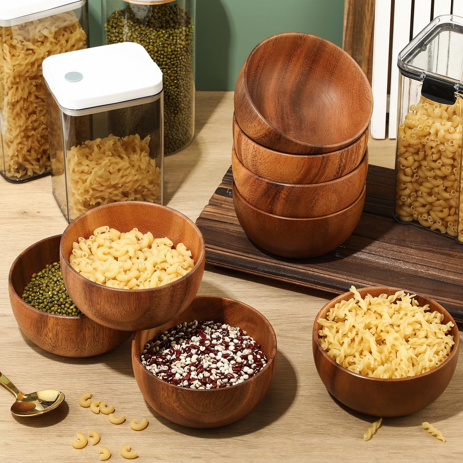 Skylety 5in 8pcs Acacia Wooden Bowls Small Calabash Bowls Round Wood Salad Hand Carved Calabash Dip Tray for Serving Popcorn Pasta Candy Cereal Coconut Nuts Sauce Appetizers Kitchen