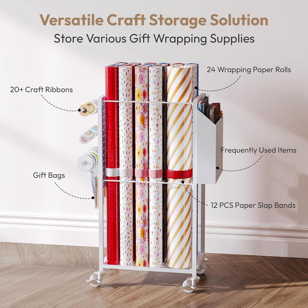 Skiennix Gift Wrapping Station - 12PCS Slap Bands & Rolling Organizer Cart for Christmas Crafts
