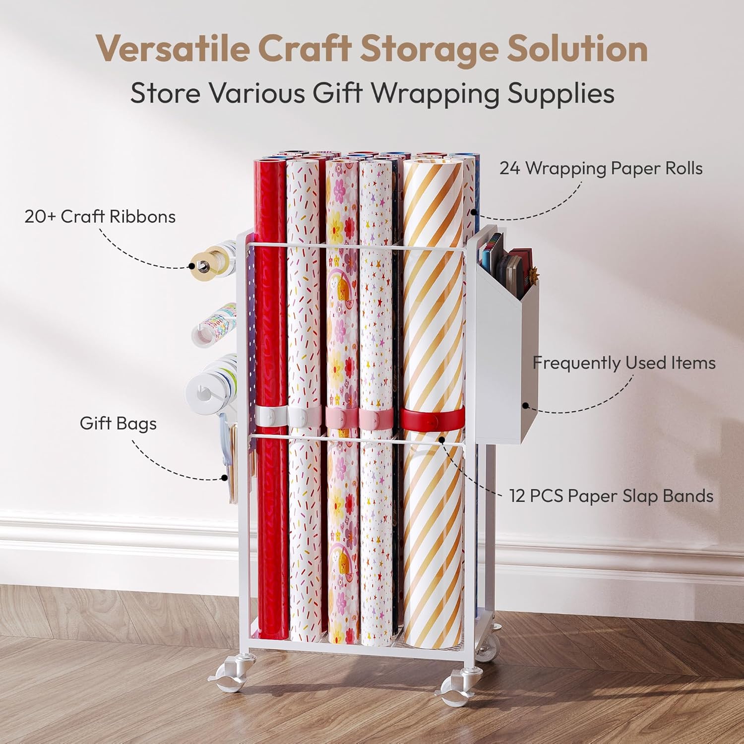 Skiennix Gift Wrapping Station - 12PCS Slap Bands & Rolling Organizer Cart for Christmas Crafts