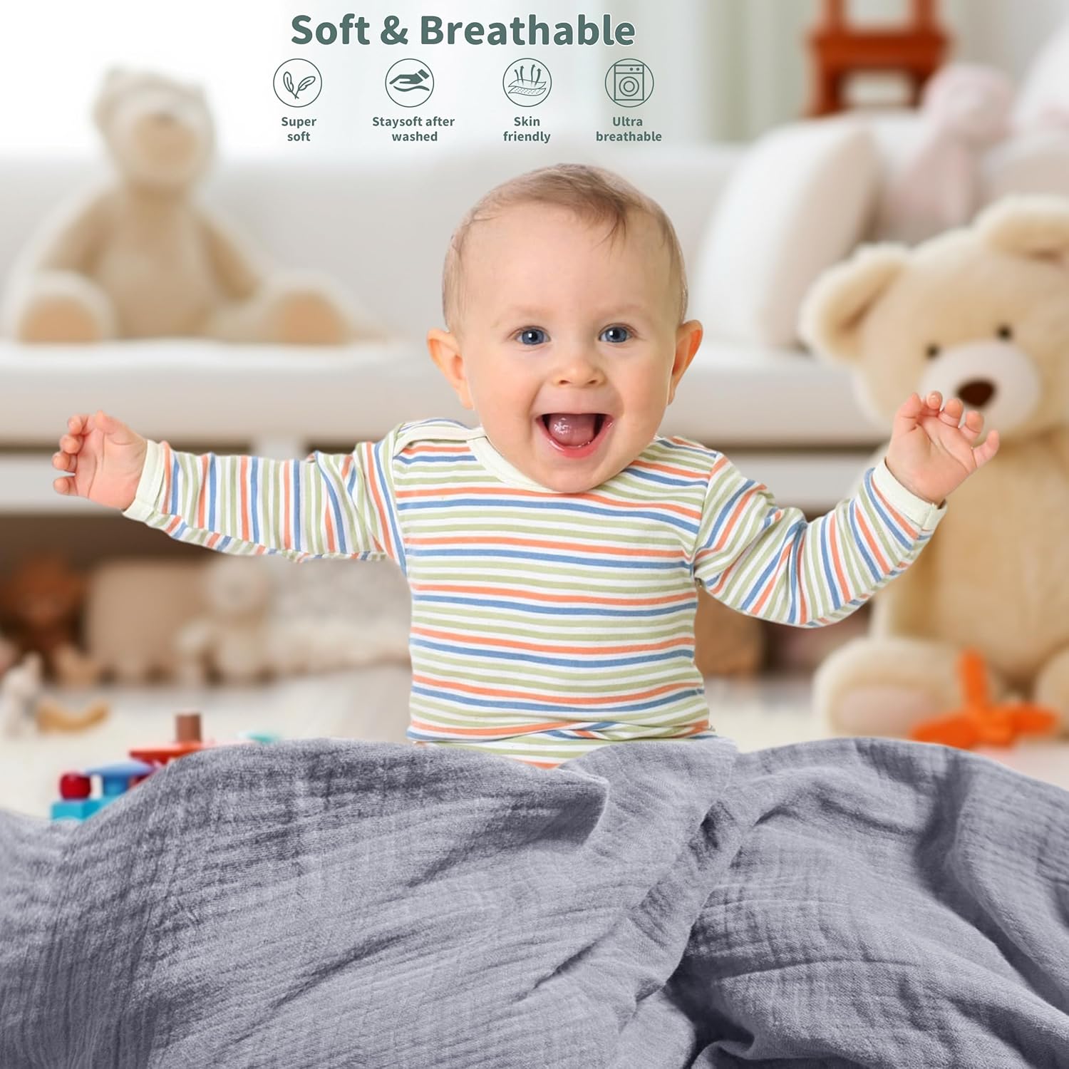 Skiennix Muslin Swaddle Blankets - Breathable Soft Receiving Blankets, 41 x 41 Inches, Gray & Green (2 Pack)