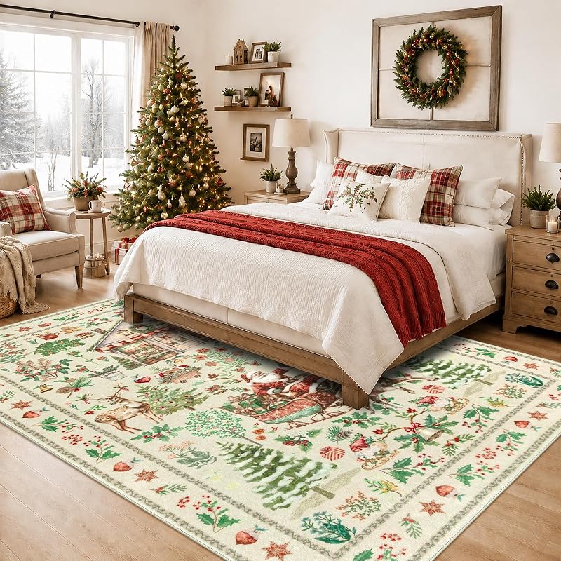Beige Santa Claus 5x7 Area Rug - Xmas Christmas Living Room, Washable, Non-Slip Backing