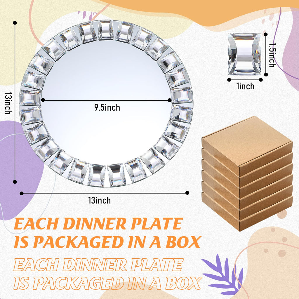 Suclain 6 Pcs Mirrored Glass Charger Plates 13 Inch Silver Mirror Plates Round Chargers for Dinner with Diamond Rim Settings for Wedding Birthday Party Events (Square Diamond Rim)