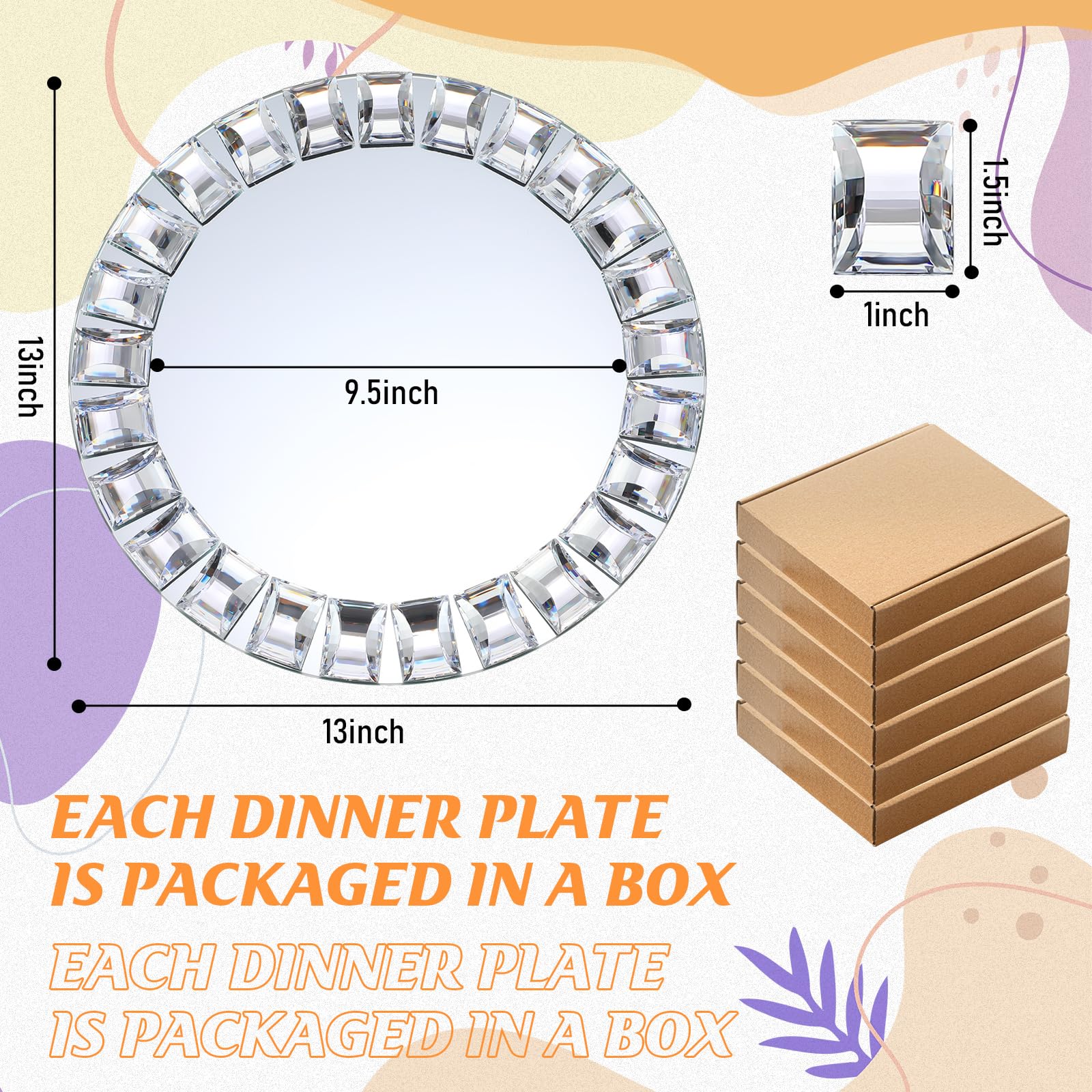 Suclain 6 Pcs Mirrored Glass Charger Plates 13 Inch Silver Mirror Plates Round Chargers for Dinner with Diamond Rim Settings for Wedding Birthday Party Events (Square Diamond Rim)