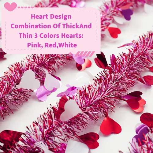 50FT Valentine's Day Decorations,Valentines Heart Garland Pink Purple Valentines Day Tinsel Garland Twist Metallic for Home Room Mantel Stairs Door Outdoor Indoor Wedding Valentine's Day Decor