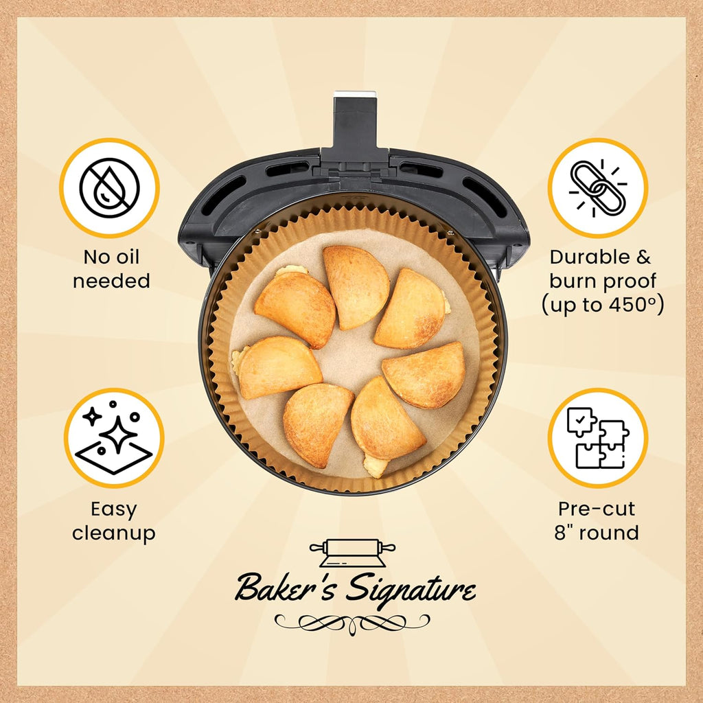 Baker's Signature Air Fryer Liners - 125 Pcs Round Non-Stick Disposable Paper | 8 Inch for 5-8 Qt Baskets