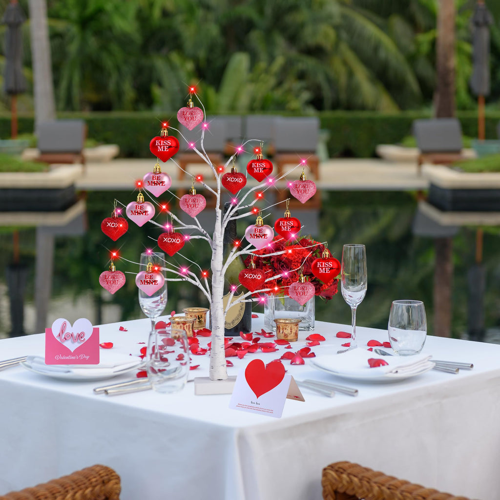 Sggvecsy 2 Pack Birch Trees with Heart Ornaments 24’’ Artificial Heart Table Tree Valentines Day Decorations with Cards Tree Decor for Valentine's Day Gifts Home Party Festival Decorations