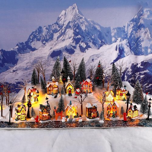 Kajaia Christmas Village Set - 68 Pieces Winter Houses, Trees & Snowman Decor for Miniature Displays