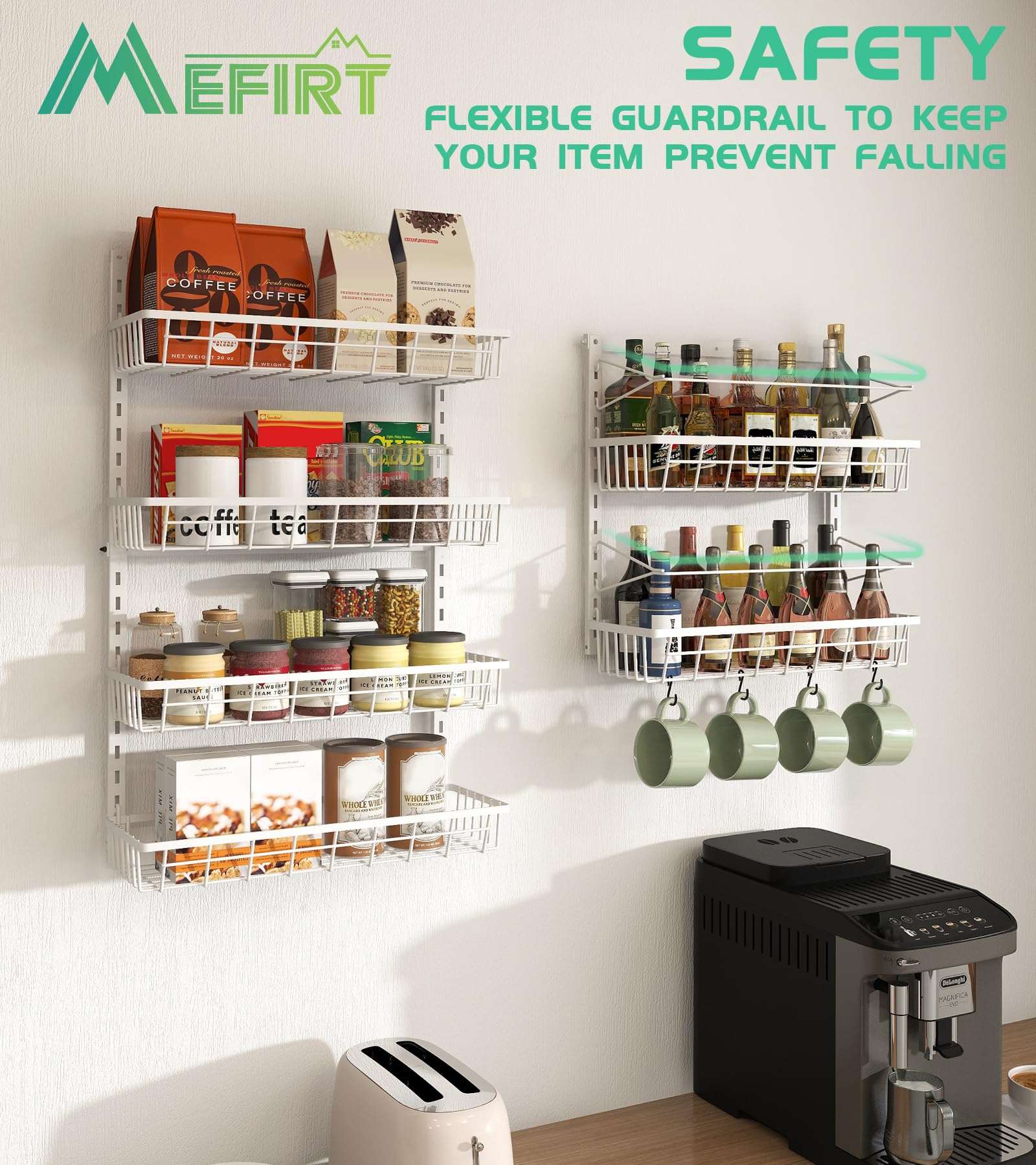 Mefirt Over The Door Pantry Organizer, Wall Mount Spice Rack, Pantry Hanging Storage and Organization, 6 Adjustable Baskets Heavy-Duty Metal for Home & Kitchen, Back of Door Seasoning Rack - White