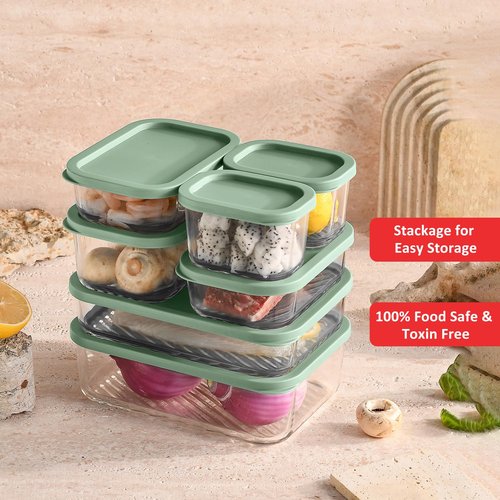 EATEX 7 Pack Glass Meal Prep Containers with Grooved Base, 7 Stackable BPA Free Glass Storage Containers with Lids for Lunch, Pantry, and Kitchen - Microwave, Dishwasher Freezer & Oven Safe - Sage