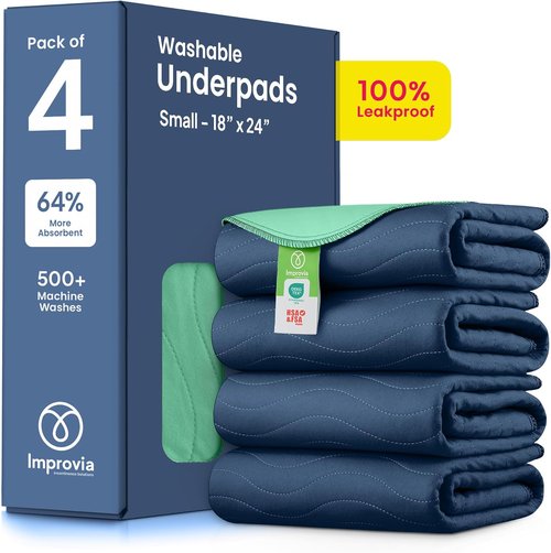 IMPROVIA® Washable Underpads - Heavy Absorbency Reusable Incontinence Pads for Kids & Adults | Navy & Green, 18"x24" (Pack of 4)