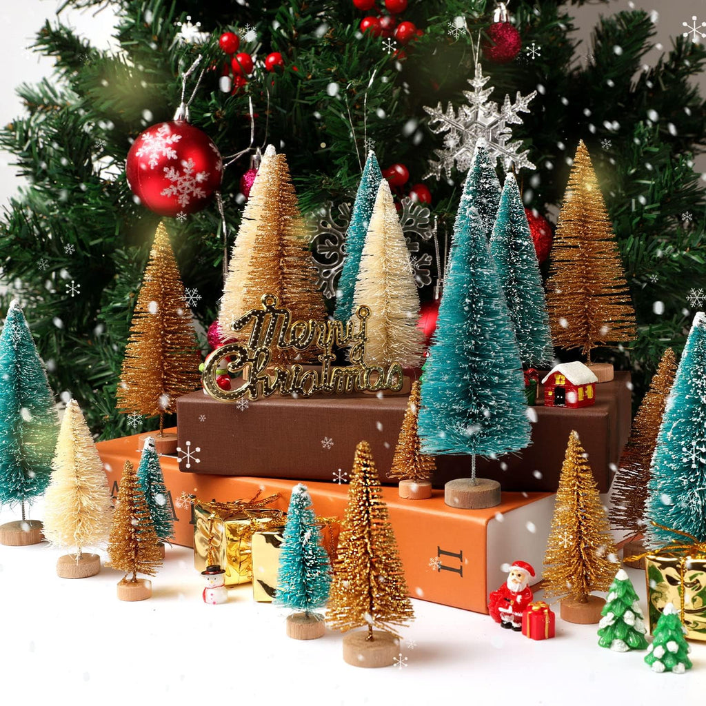 Skiennix Mini Christmas Trees - 30 Pcs Artificial Bottle Brush Trees with Wooden Base | 5 Sizes for Holiday Decor